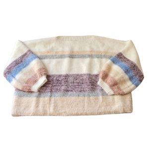 Venus Women's White Multi-Color Stripe Acrylic Blend Pullover Sweater